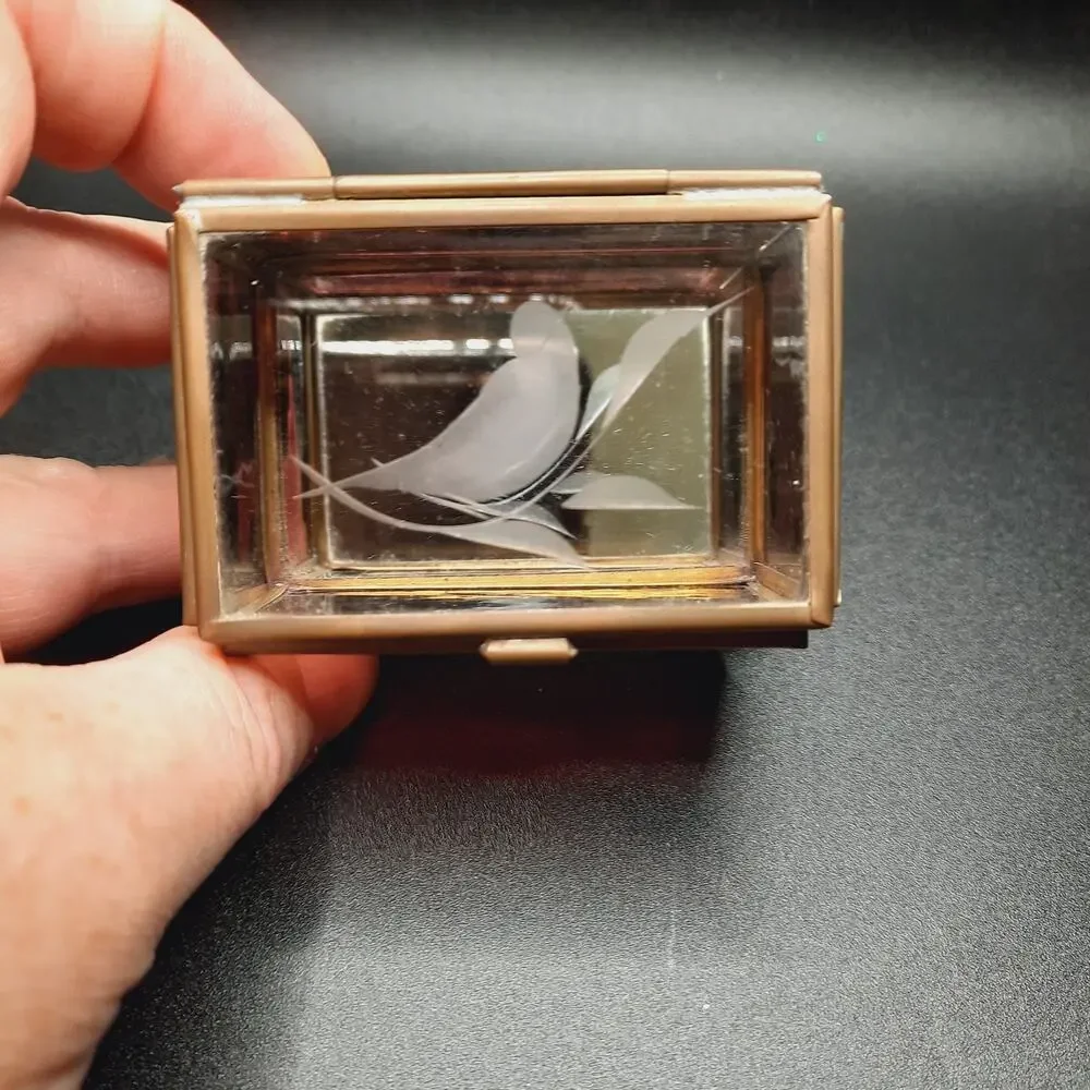 VTG Brass Glass Bird Trinket Box Pink Amethyst Slag Footed Hecho En Mexico
